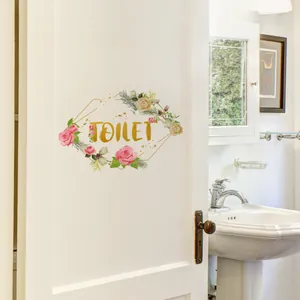Blumen Rose Toilette Schild Tür Wandaufkleber Wasserdicht PVC Blumenkranz Beschriftung Dekoration Für Badezimmer Heimdeko