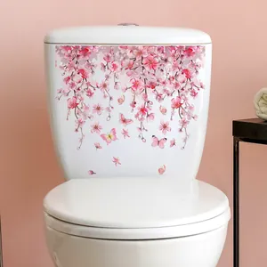 Pink cherry blossom and butterfly self-adhesive floral vine stickers for toilet decoration