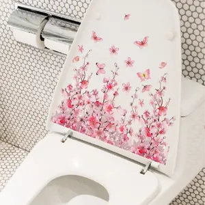 Pink floral and butterfly self-adhesive wall stickers for bathroom toilet decoration