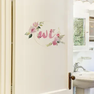 Blumiger WC Toiletten-Türaufkleber mit rosa Rosen und Blättern für die Heimdekoration