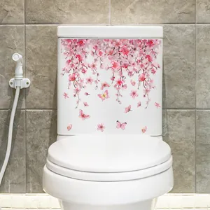 Pink cherry blossom and butterfly self-adhesive waterproof wall stickers for toilet bathroom
