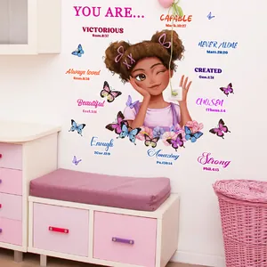 Detail view of African girl wall sticker with butterflies and motivational phrases