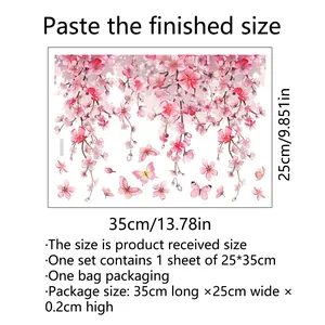 Pink floral vine wall stickers with cherry blossoms and butterflies for bathroom decor