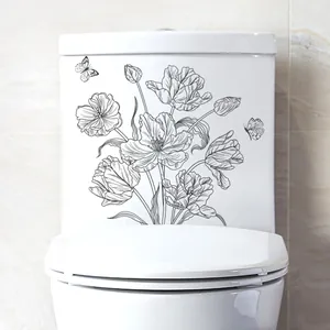 Minimalist black tulip and butterfly waterproof wall decals on white ceramic toilet tank