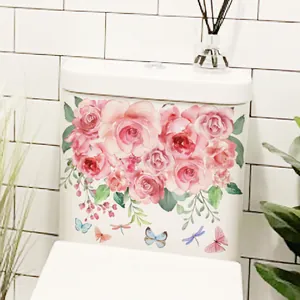 Self-adhesive floral toilet stickers with pink roses, butterflies and dragonflies decor