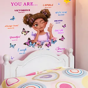 Black girl and butterflies wall decals with inspirational Bible quotes for kids room decor