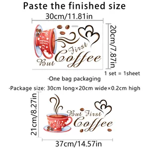 Detailed coffee wall decal dimensions showing waterproof Coffee text and bean patterns