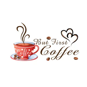 Artistic coffee cup wall sticker with But First Coffee quote for home kitchen decor