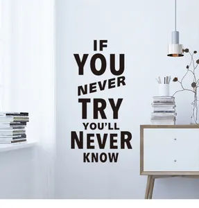 Macro-opname van 'IF YOU NEVER TRY YOU'LL NEVER KNOW' matzwarte muursticker voor de werkkamer