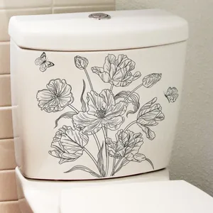 Modern Minimalist Black Line Tulip Flower Butterfly Toilet Sticker Waterproof PVC Self-Adhesive Bathroom Decoration Decal