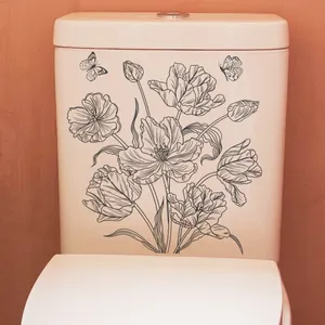Black line art floral and butterfly waterproof PVC wall stickers for bathroom decor
