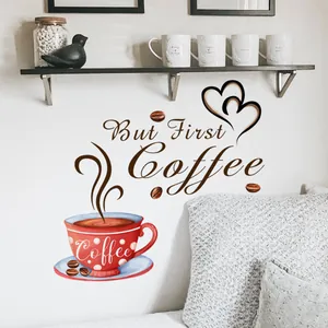 Minimalist 'But First Coffee' wall decal featuring a polka dot cup and heart motifs