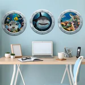 3D Undersea World Porthole Wall Stickers Waterproof PVC Decals Shark Sea Turtle Pufferfish Removable Bathroom Home Art Decor