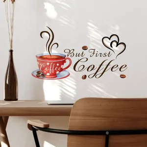 Minimalist red coffee cup wall sticker with But First Coffee text for home decor