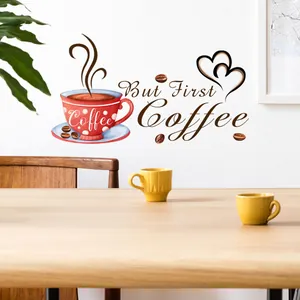 Detail of But First Coffee wall sticker with red polka dot cup and scattered coffee beans