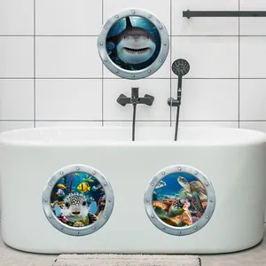 3D ocean porthole wall stickers with shark and sea turtle for bathroom decor