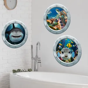 3D ocean world porthole wall stickers with shark and sea turtles for bathroom decor