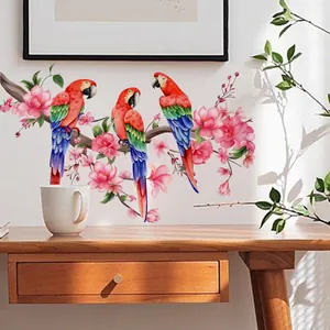 Sticker Mural En PVC Perroquet Et Fleurs De Cerisier Imperméable Décalcomanie Branche Fleurie Papillon Pour Décoration Maison