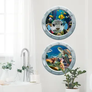 3D porthole wall decals showing sea turtles and pufferfish for bathroom ocean theme decor