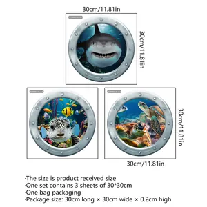 3D ocean theme submarine porthole wall stickers set with shark and sea turtle designs
