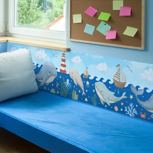 Sticker Mural Dessin Animé Océan Baleine Voilier PVC Imperméable Autocollant Bordure de Papier Peint pour Chambre d'Enfant