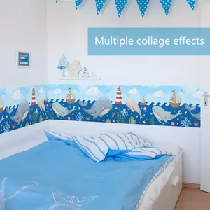 Frise murale baleine océan bleu et voilier pour décoration de chambre d'enfant