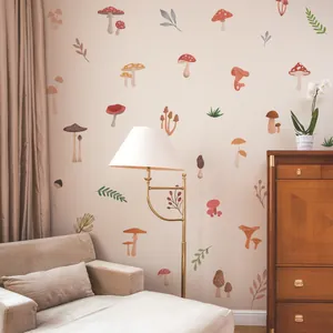 Artistic mushroom wall stickers applied on beige textured wall in cozy living room
