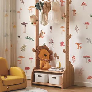 Cartoon mushroom wall stickers with a wooden growth chart ruler for kids bedroom decor