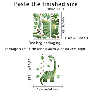 Detailed size specifications for watercolor dinosaur wall decals showing layout and dimensions