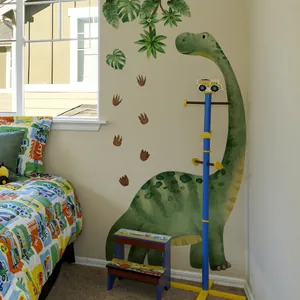 Detail of large watercolor dinosaur wall sticker in a cozy kids' bedroom setting