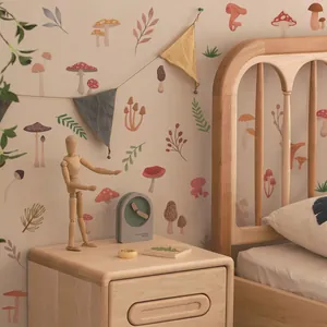Detail of minimalist forest mushroom wall decals for bedroom decor with earthy tones