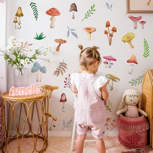 Watercolor Mushroom Wall Stickers PVC Self-Adhesive Forest Theme Decals For Kids Room Nursery Bedroom Home Decor Set