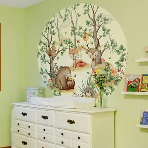 Watercolor Forest Animals Bear Deer Fox Round Wall Stickers For Kids Nursery Bedroom Home Decor Non-PVC Paper Decal