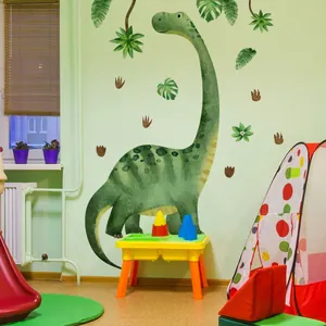 Watercolor green dinosaur wall stickers set with tropical leaves for kids room decor