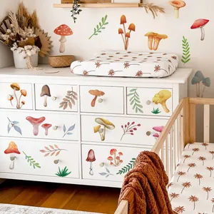 Minimalist mushroom and forest leaf wall stickers for cozy home nursery background