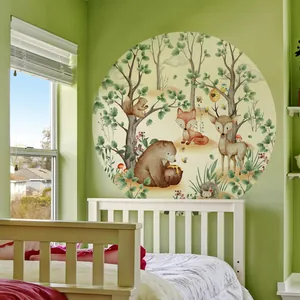 Round watercolor wall decal featuring forest animals like bears and foxes for kids' rooms