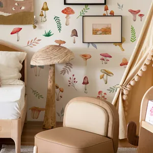 Detailed view of watercolor mushroom wall decals in a warm forest themed nursery