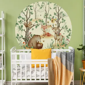 Watercolor forest animals round wall decal with bear, fox and deer for nursery decor