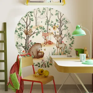 Nursery round wall sticker featuring watercolor forest animals like bear, deer, and fox