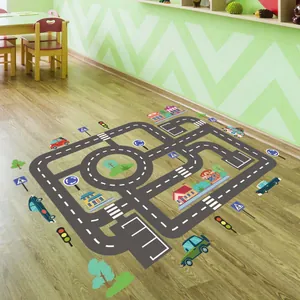 Kids traffic road map floor sticker with colorful cartoon cars and street signs on wood floor