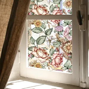 Retro Fensterfolie mit roten Rosen und gelben Gänseblümchen zur statischen Glasdekoration