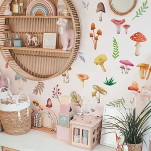 Detail of realistic mushroom wall stickers with forest plants in a cozy nursery room