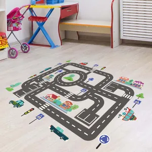 City road traffic map floor sticker for kids playroom with colorful cars and buildings