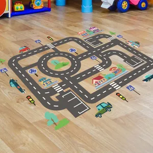 Self-adhesive city road track floor stickers with cartoon cars for kids playroom decor