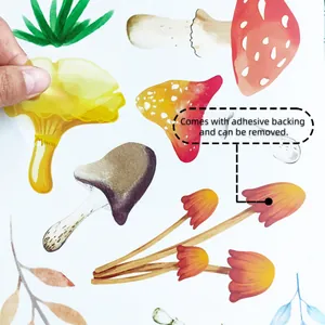 Translucent watercolor mushroom wall stickers showing adhesive backing and removal detail