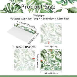 Detailed dimensions of green tropical leaf wallpaper with 45x300cm size specifications