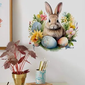Sticker mural lapin aquarelle et œufs de Pâques avec fleurs pour chambre d'enfant