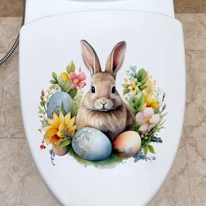 Détail d'un sticker de toilette lapin de Pâques avec œufs et motifs floraux