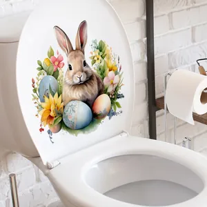 Sticker aquarelle lapin de Pâques et tournesols sur abattant de WC blanc de salle de bain