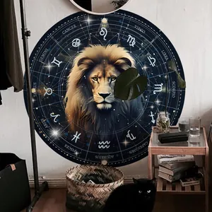 Detail of round lion zodiac tapestry with golden lion head and astrology symbols